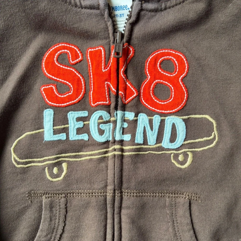 08 Gymboree Boys Brown SK8 Legend Skateboard Zip Up Hoodie Sweatshirt Size 2T-3T